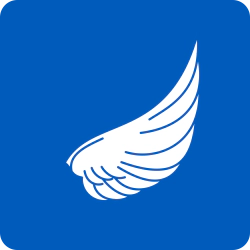 The Logo shows a peace dove’s wing on blue ground